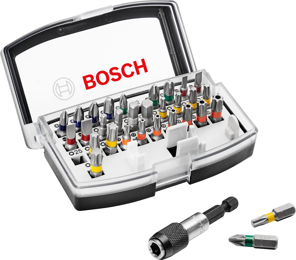 Bosch 32-piece screwdriver bit set with color codes.