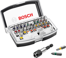 Bosch 32-piece screwdriver bit set with quick change holder.