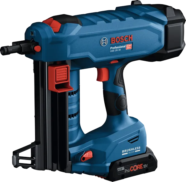 Bosch GNB 18V-38 cordless nailer with ProCORE18V battery.