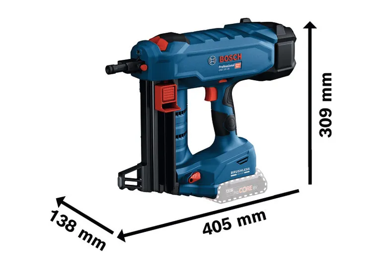 Bosch GNB 18V-38 nailer with ProCore battery and dimensions.