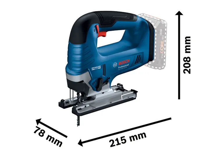 Bosch GST 18V-125 B cordless jigsaw with dimensions shown.