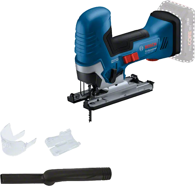 Bosch GST 18V-125 S cordless jigsaw with accessories.