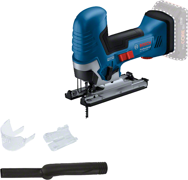 Bosch GST 18V-125 S cordless jigsaw with accessories.