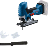 Bosch GST 18V-125 S cordless jigsaw with accessories.