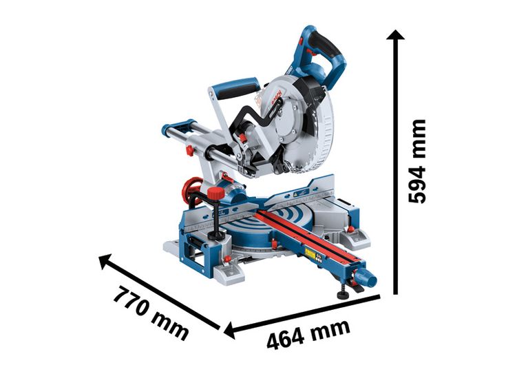 Bosch GCM 18V-216 D cordless mitre saw with dimensions.