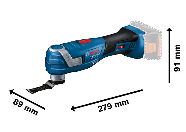 Bosch GOP 18V-34 cordless multi-tool with dimensions.