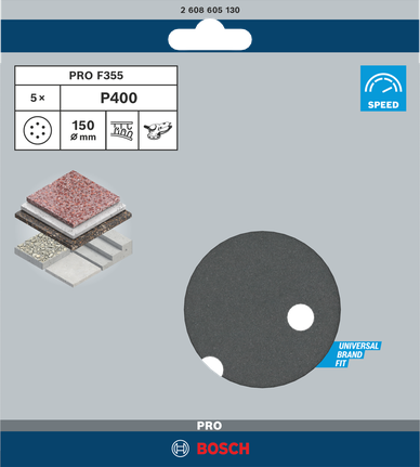 PRO F355 Sanding Disc, 150 mm, G400, 5 pcs Bosch PRO F355 sanding disc 150 mm P400.