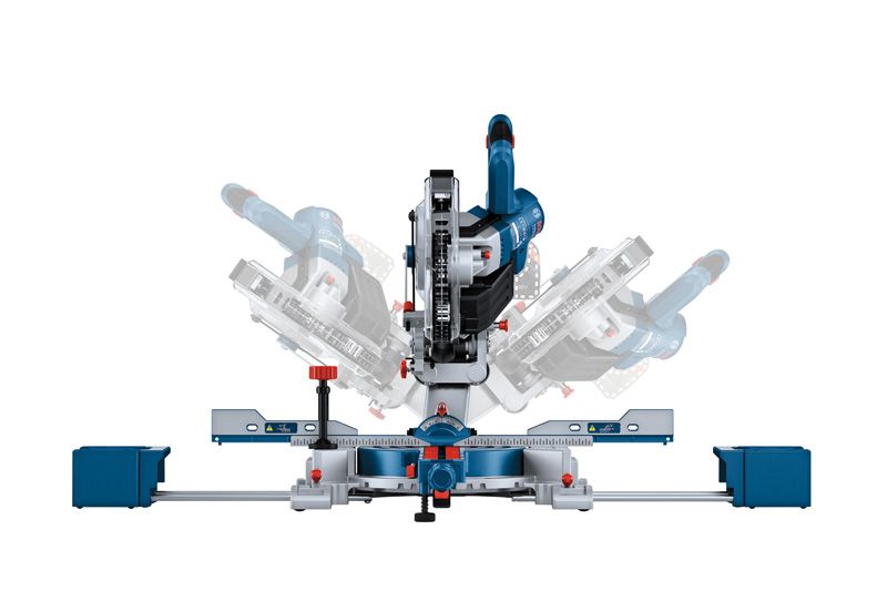 Bosch GCM 18V-216 D cordless mitre saw with adjustable angles.