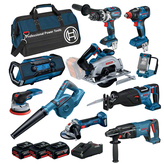 Bosch 18V Brushless 10 Piece 5.0Ah Combo Kit, assorted cordless tools.