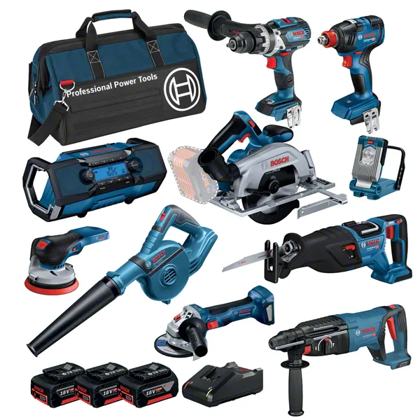 Bosch 18V Brushless 10 Piece 5.0Ah Combo Kit, assorted cordless tools.