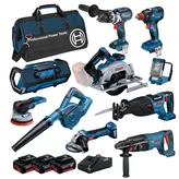 Bosch 18V Brushless 10 Piece 5.0Ah Combo Kit, assorted cordless tools.