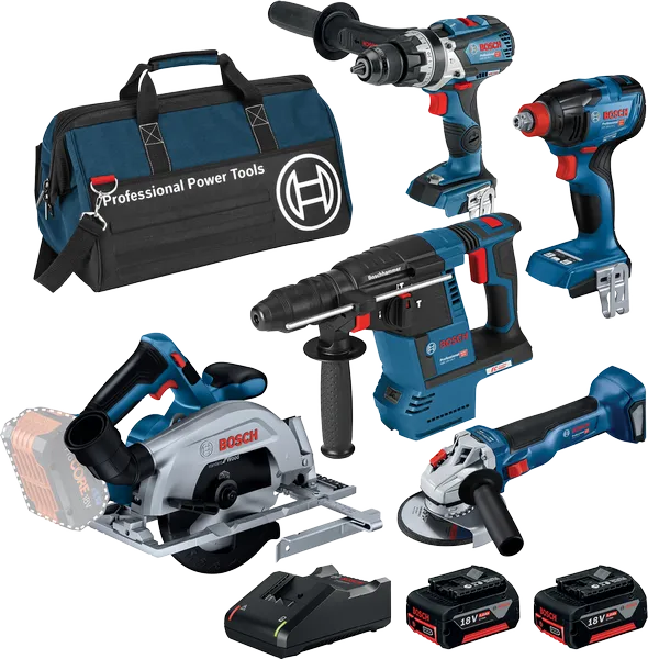 Bosch 18V Brushless 5 Piece 5.0Ah Combo Kit with tools and bag.