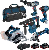 Bosch 18V Brushless 5 Piece 5.0Ah Combo Kit with tools and bag.