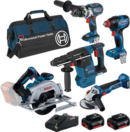 Bosch 18V Brushless 5 Piece 5.0Ah Combo Kit with tools and bag.