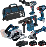Bosch 18V Brushless 5 Piece 5.0Ah Combo Kit with tools and bag.