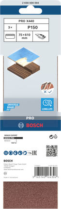 PRO X440 Sanding Belt, 75 x 610 mm, G150, 3 pcs PRO X440 Sanding Belt, 75 x 610 mm, G150, 3 pcs