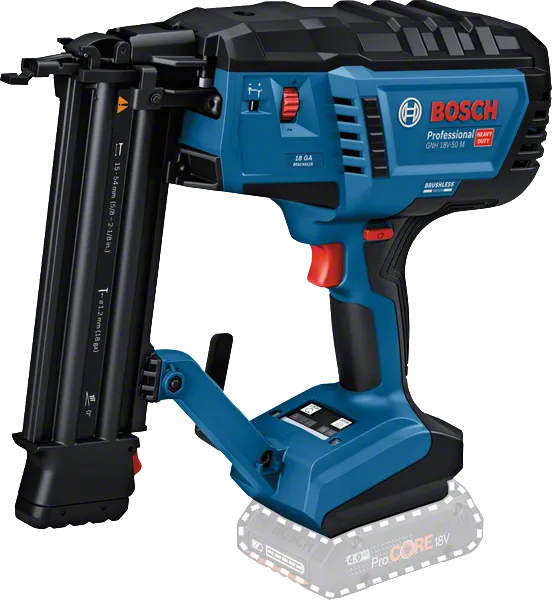 Bosch GNH 18V-50 M cordless brad nailer with 18 gauge capacity.