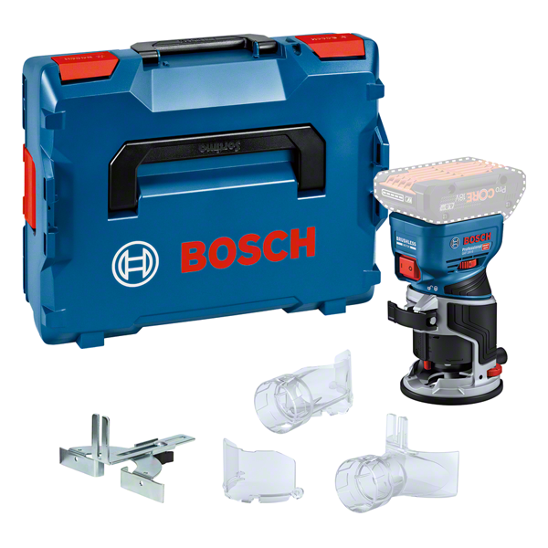 Bosch GKF 18V-8 cordless router with case and accessories.