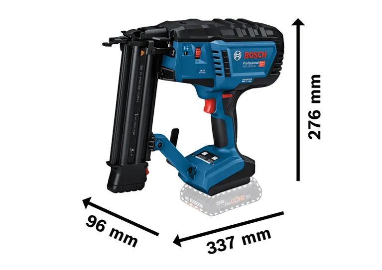 Bosch GNH 18V-50 M cordless brad nailer with dimensions.