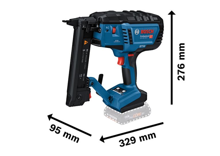 Bosch GTH 18V-38 M cordless wood stapler with dimensions shown.