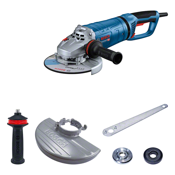 Bosch GWS 27-180 angle grinder with keyless guard and accessories.
