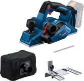 Bosch GHO 18V-26 cordless planer with accessories.