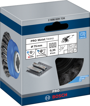 PRO Metal heavy X-Lock Cup Brush, 75 x 0.35 mm Bosch PRO Metal heavy X-Lock cup brush 75×0.35 mm.