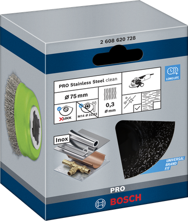 PRO Stainless Steel clean X-Lock Cup Brush, 75 x 0.3 mm Bosch PRO stainless steel 75×0.3 mm X-Lock cup brush.