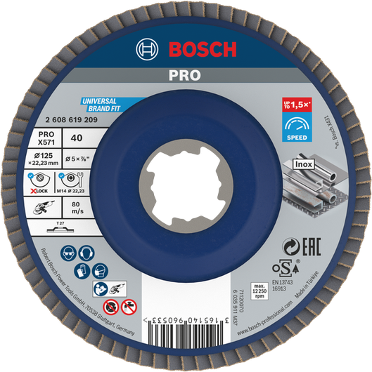 PRO X571 Flap Disc, Straight Bosch PRO X571 Flap Disc 125 mm G40 X-Lock for Inox.