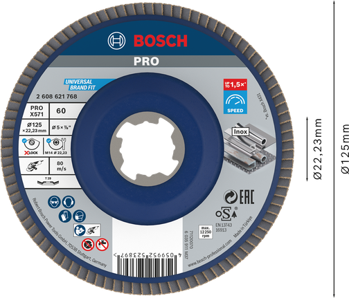 PRO X571 Flap Disc, Angled, 125 mm, G60, X-Lock Bosch PRO X571 Flap Disc 125mm G60 X-Lock for metal.