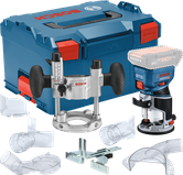 Bosch GKF 18V-8 cordless router kit with accessories.