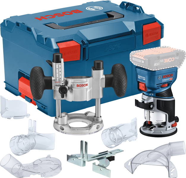 Bosch GKF 18V-8 cordless router kit with accessories.