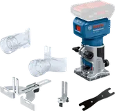 Bosch GLF 18V-8 cordless laminate trimmer with accessories.