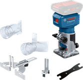 Bosch GLF 18V-8 cordless laminate trimmer with accessories.