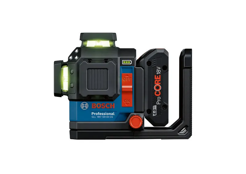 Bosch GLL 18V-120-33 CG laser leveling tool with battery.