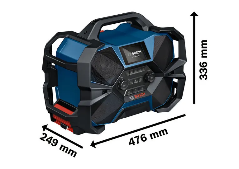 Bosch GPB 18VH-6 SRC radio, rugged design with large speakers.