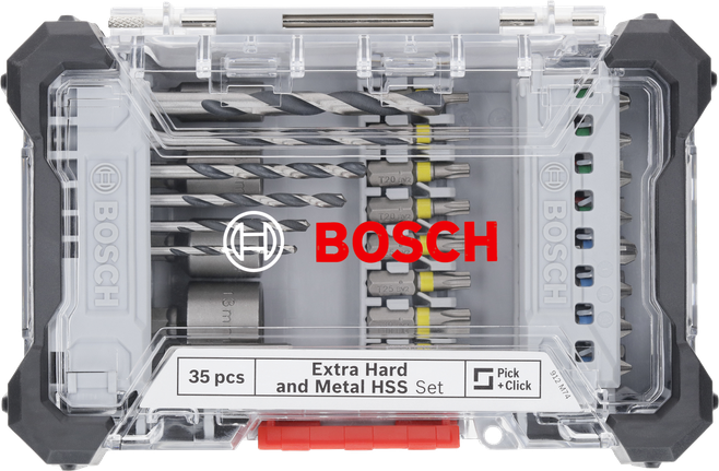 Bosch 35-piece extra hard screwdriver and metal HSS drill bit set.
