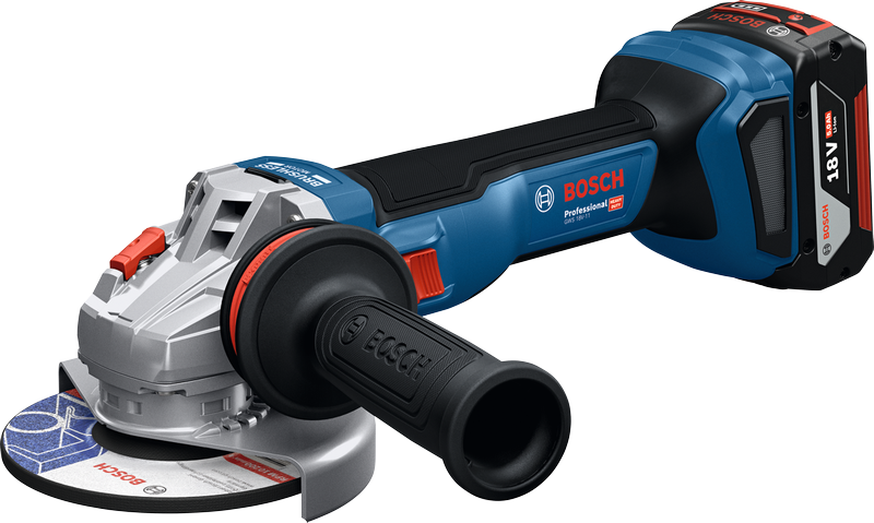 Bosch GWS 18V-11 cordless angle grinder with side handle.