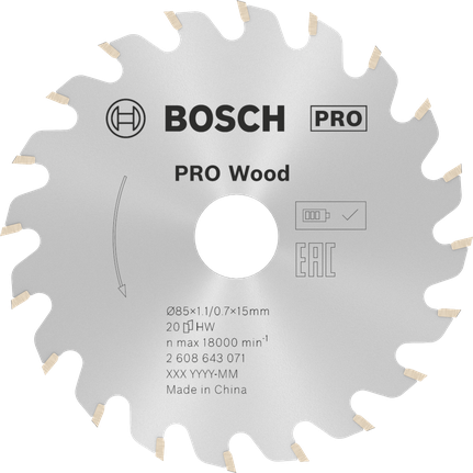 PRO Wood Circular Saw Blade, 85 x 1.1 x 15 mm Bosch PRO Wood Circular Saw Blade 85mm 20T for wood.