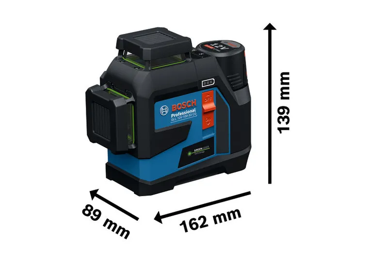 GLL 100-33 CG Bosch GLL 12V-100-33 CG laser leveling tool with dimensions.