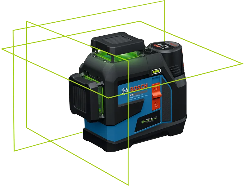 Bosch GLL 12V-100-33 CG laser leveling tool with green lines.