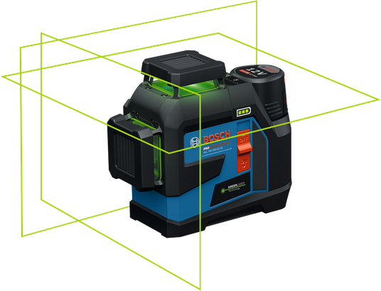 Bosch GLL 12V-100-33 CG laser leveling tool with green lines.