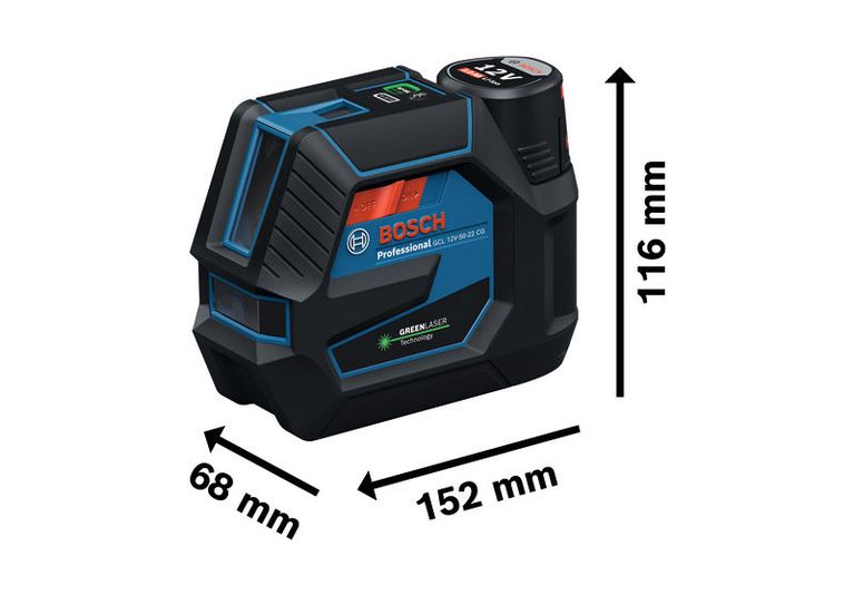 Bosch GCL 12V-50-22 CG combi laser leveling tool with dimensions.