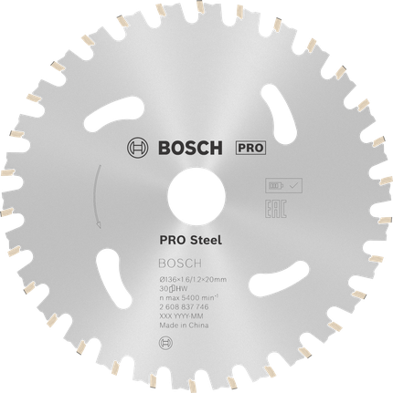 PRO Steel cordless Circular Saw Blade, 136 x 1.6 x 20 mm Bosch PRO Steel cordless circular saw blade, 30 teeth.