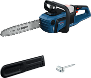 Bosch GKE 18V-40 cordless chainsaw with cover and tool.
