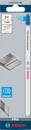 PRO Metal Sandwich T718BF Jigsaw Blade, 180 mm, 3 pcs Bosch PRO Metal Sandwich T718BF jigsaw blades 3× 180 mm.