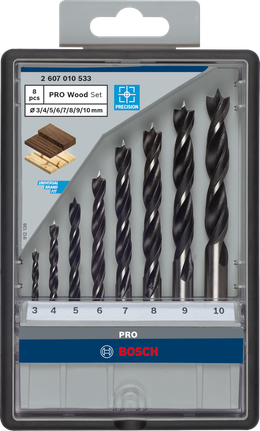 PRO Wood Brad Point Drill Bit Set, 8 pcs Bosch PRO Wood 8-piece brad point drill bit set.