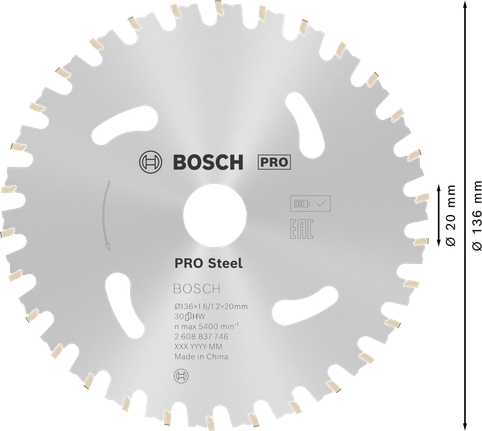 PRO Steel cordless Circular Saw Blade, 136 x 1.6 x 20 mm Bosch PRO Steel cordless circular saw blade 136mm.