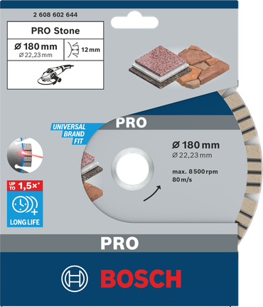 PRO Stone Diamond Disc, 180 x 22.23 mm Bosch PRO Stone diamond disc 180×22.23 mm.