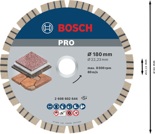 PRO Stone Diamond Disc, 180 x 22.23 mm Bosch PRO Stone Diamond Disc 180 mm for stone cutting.